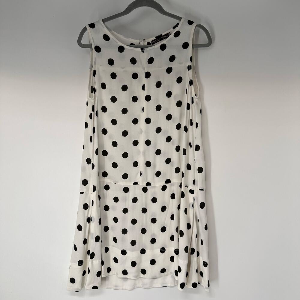 Mister Zimi Polka Dot Mini Shift Dress Womens 10 White Black Sleeveless Pocket